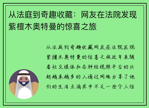 从法庭到奇趣收藏：网友在法院发现紫檀木奥特曼的惊喜之旅