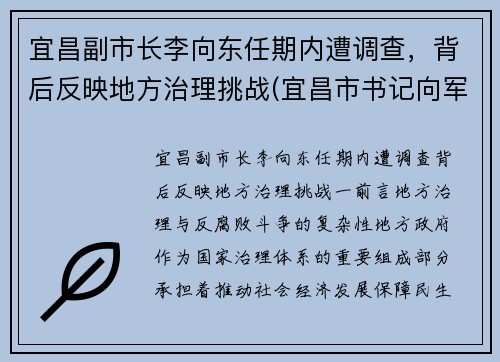 宜昌副市长李向东任期内遭调查，背后反映地方治理挑战(宜昌市书记向军)