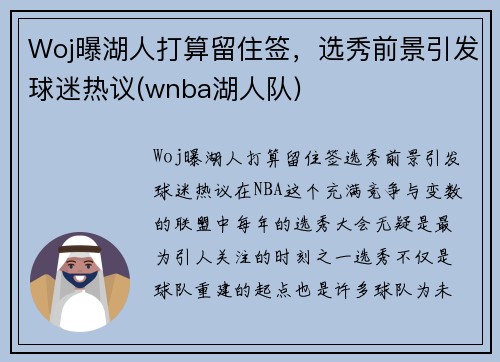 Woj曝湖人打算留住签，选秀前景引发球迷热议(wnba湖人队)